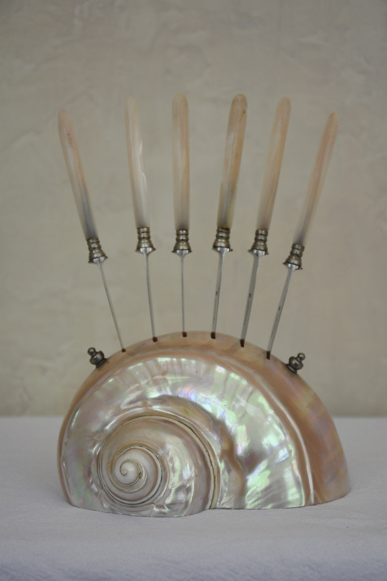 1920S SET OF SEVEN FRUIT KNIVES IN A LARGE SHELL HOLDER