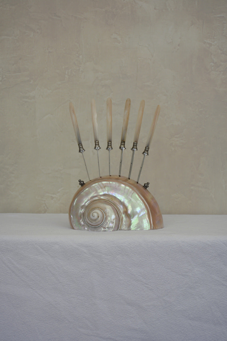 1920S SET OF SEVEN FRUIT KNIVES IN A LARGE SHELL HOLDER